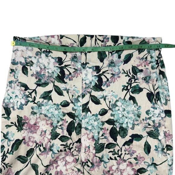 J.JILL Linen Stretch White Green Floral Side Zip Pants Size Medium Button Hem - Picture 6 of 8